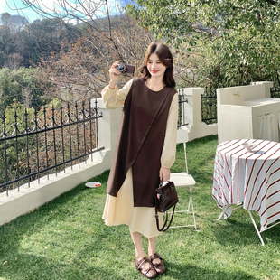 法式假两件拼接咖色连衣裙女春季2026新款气质优雅设计感超火长裙