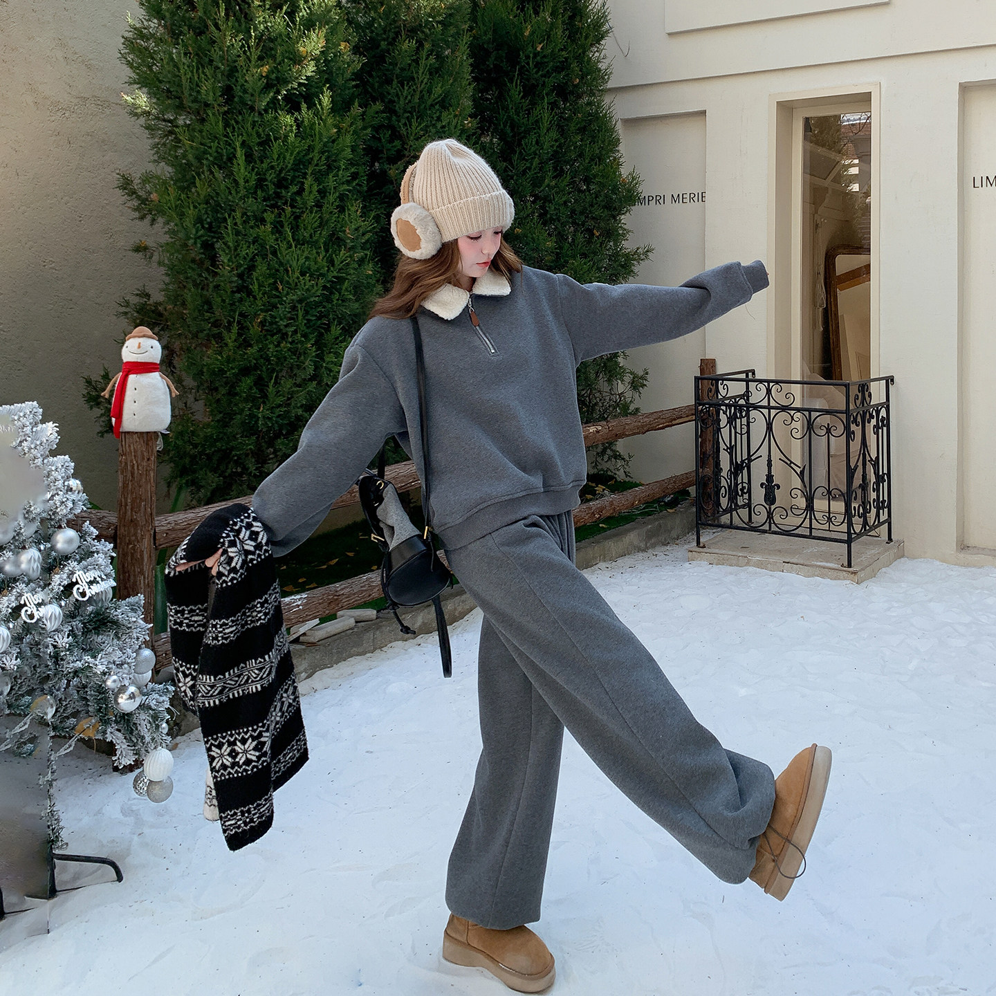 灰色加绒加厚卫衣休闲裤套装女冬季2025新款休闲运动巨好看两件套