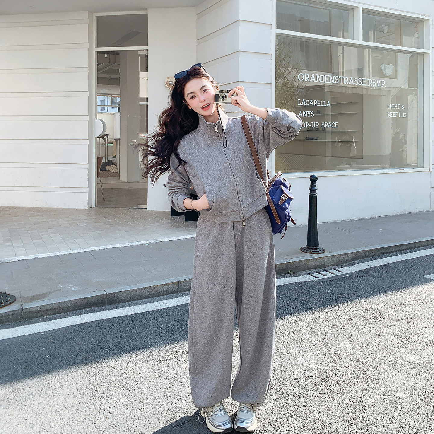 休闲运动立领灰色卫衣套装女春季