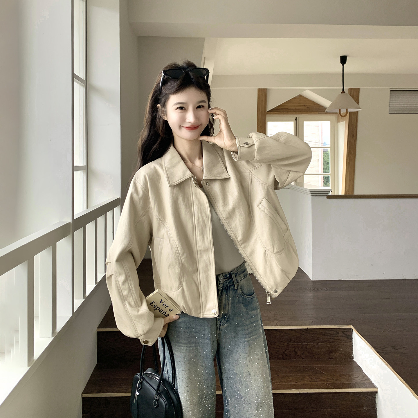 简约超火巨好看翻领皮衣外套女春季2026新款高级感小个子短款夹克