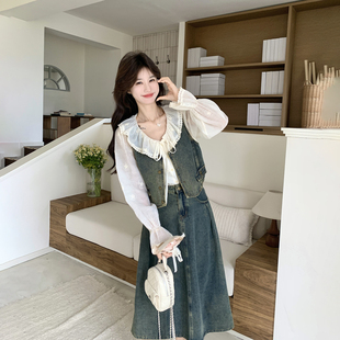韩系穿搭超好看牛仔马甲套装女春季2026新款减龄衬衫半身裙三件套