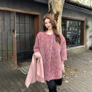 小香风粗花呢粉红色羊毛呢羽绒服外套女冬季2025新款爆款90绒大衣