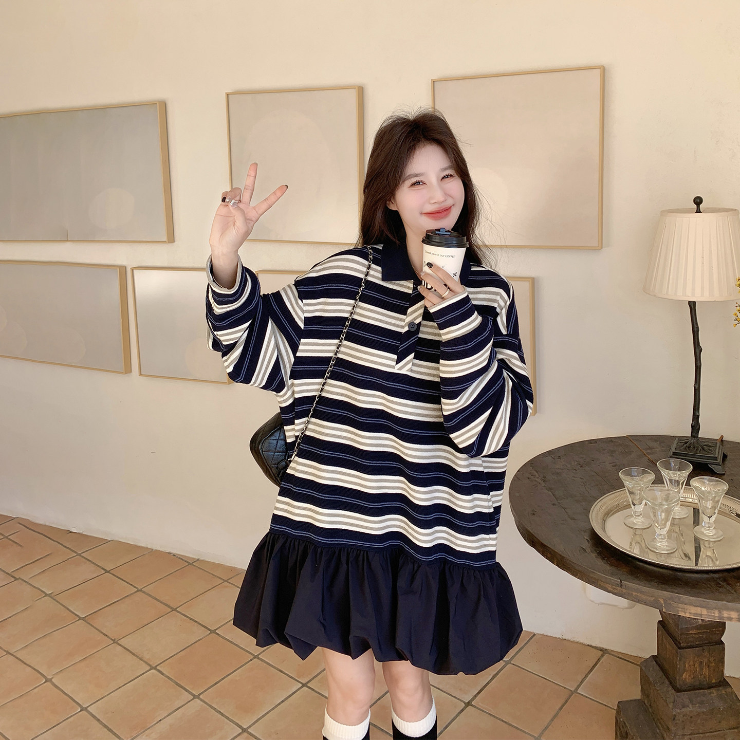 条纹拼接POLO领花苞连衣裙女春季2026新款学院风小个子巨好看裙子