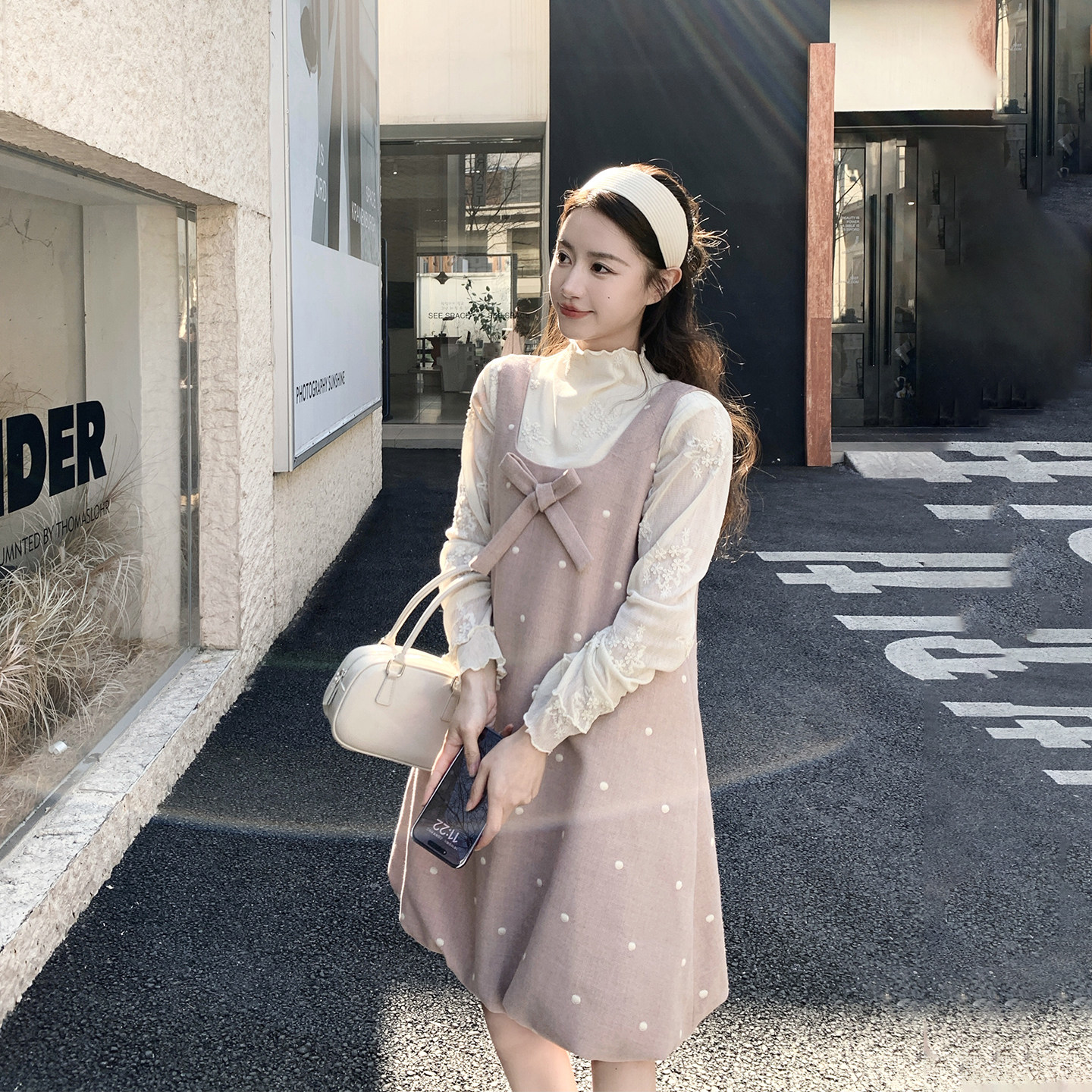 甜美少女风波点花苞背心连衣裙女套装女春季2026新款蕾丝衫两件套