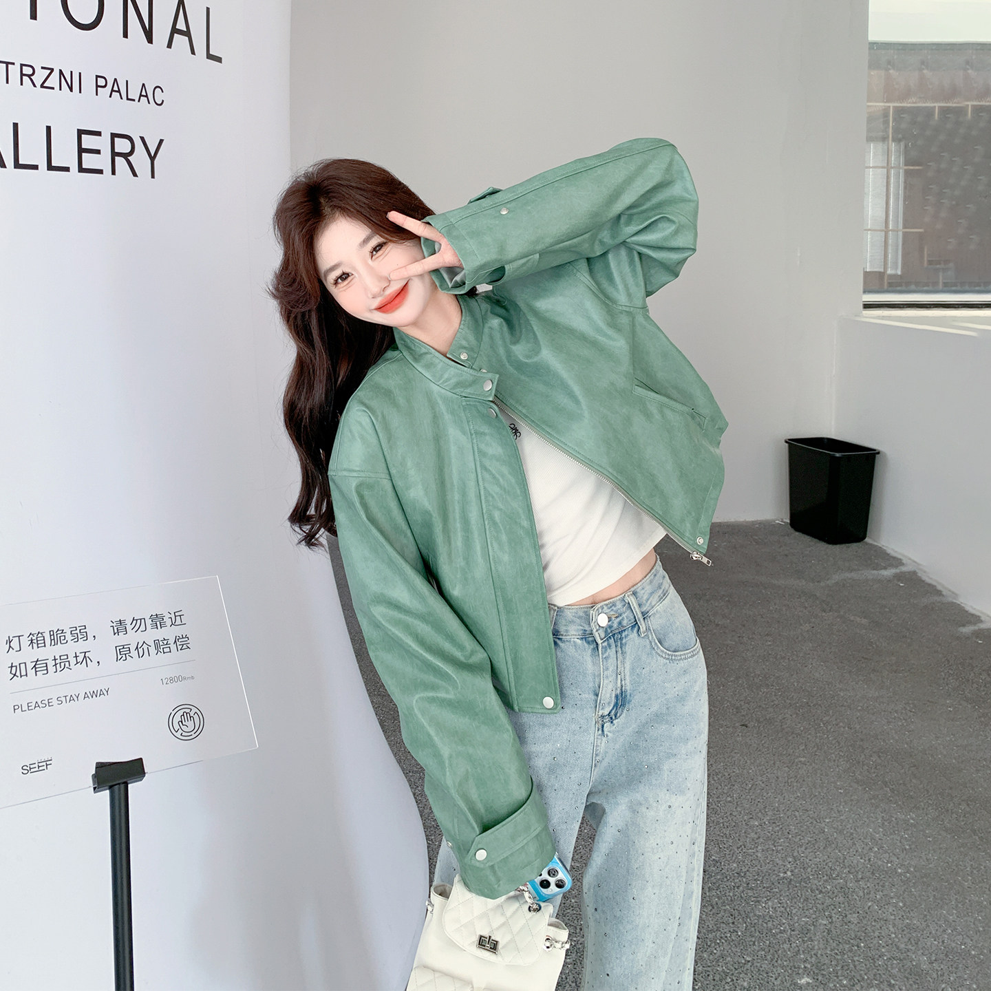 超显白绿色皮衣外套女春季2026新款小个子短款机车服爆款PU皮夹克