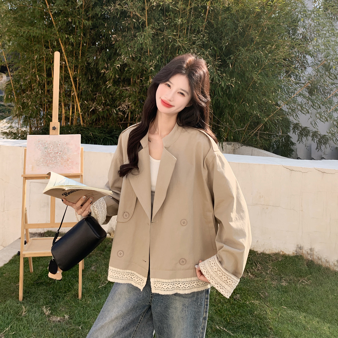 花边拼接卡其色风衣外套女春季2026新款爆款高级感短款小个子大衣