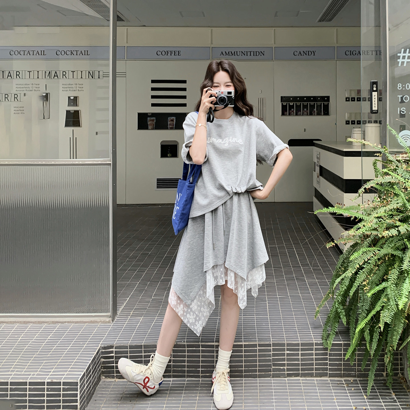 休闲运动灰色字母卫衣套装女夏季2026新款不规则蕾丝半身裙两件套