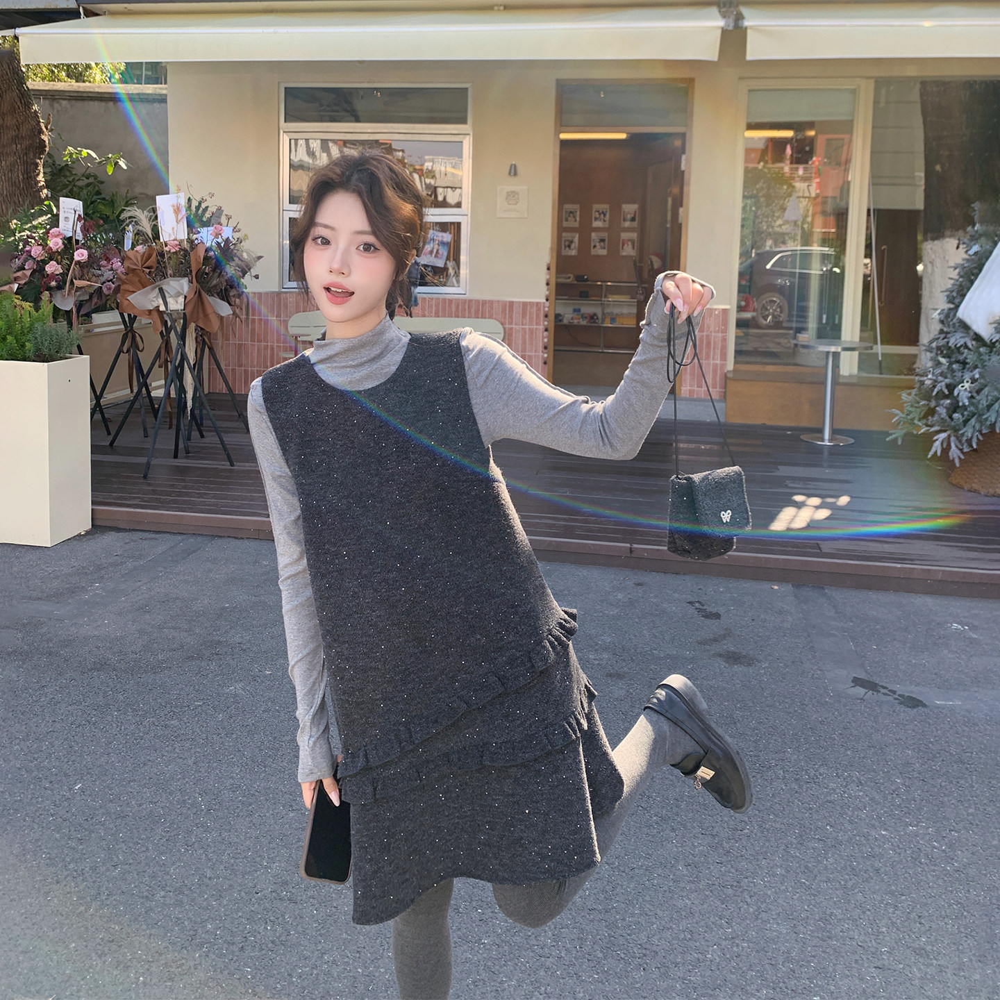 小香风亮片木耳边灰色背心连衣裙套装女春季2026新款打底衫两件套