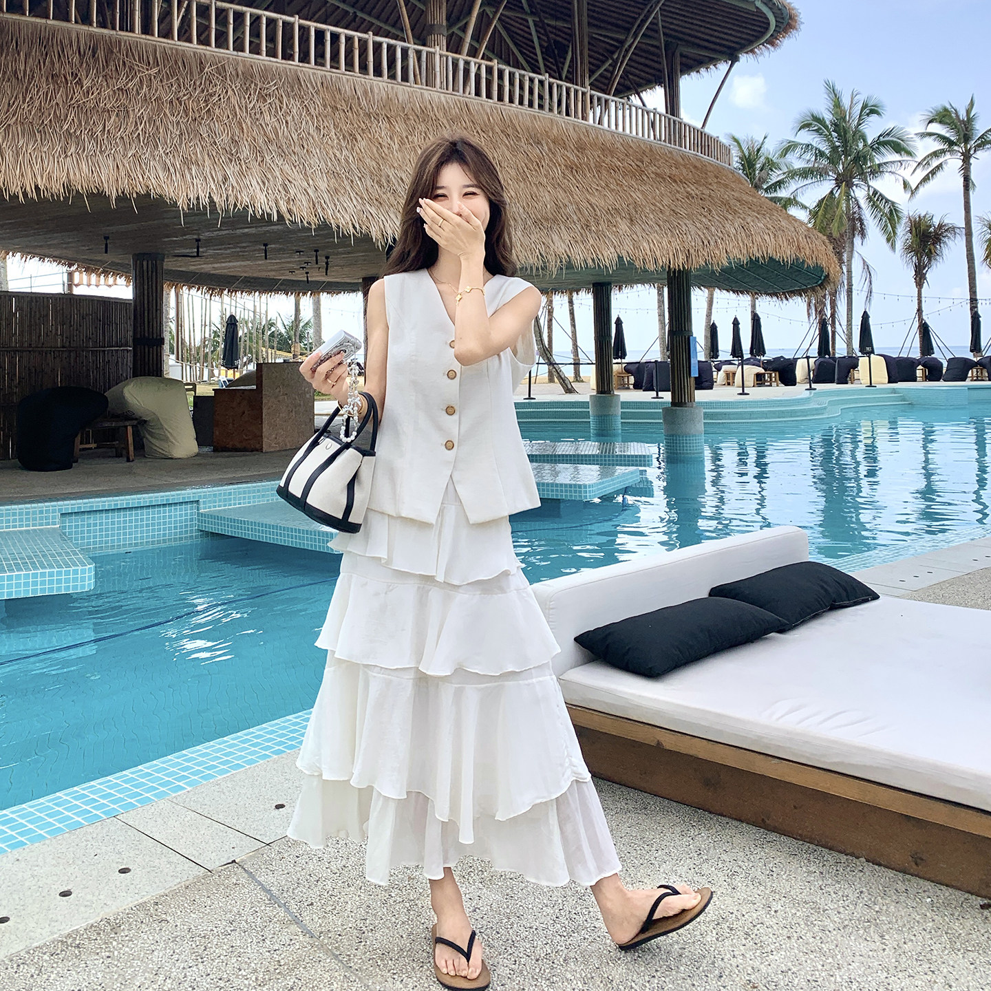 氛围感穿搭米白色马甲套装女夏季