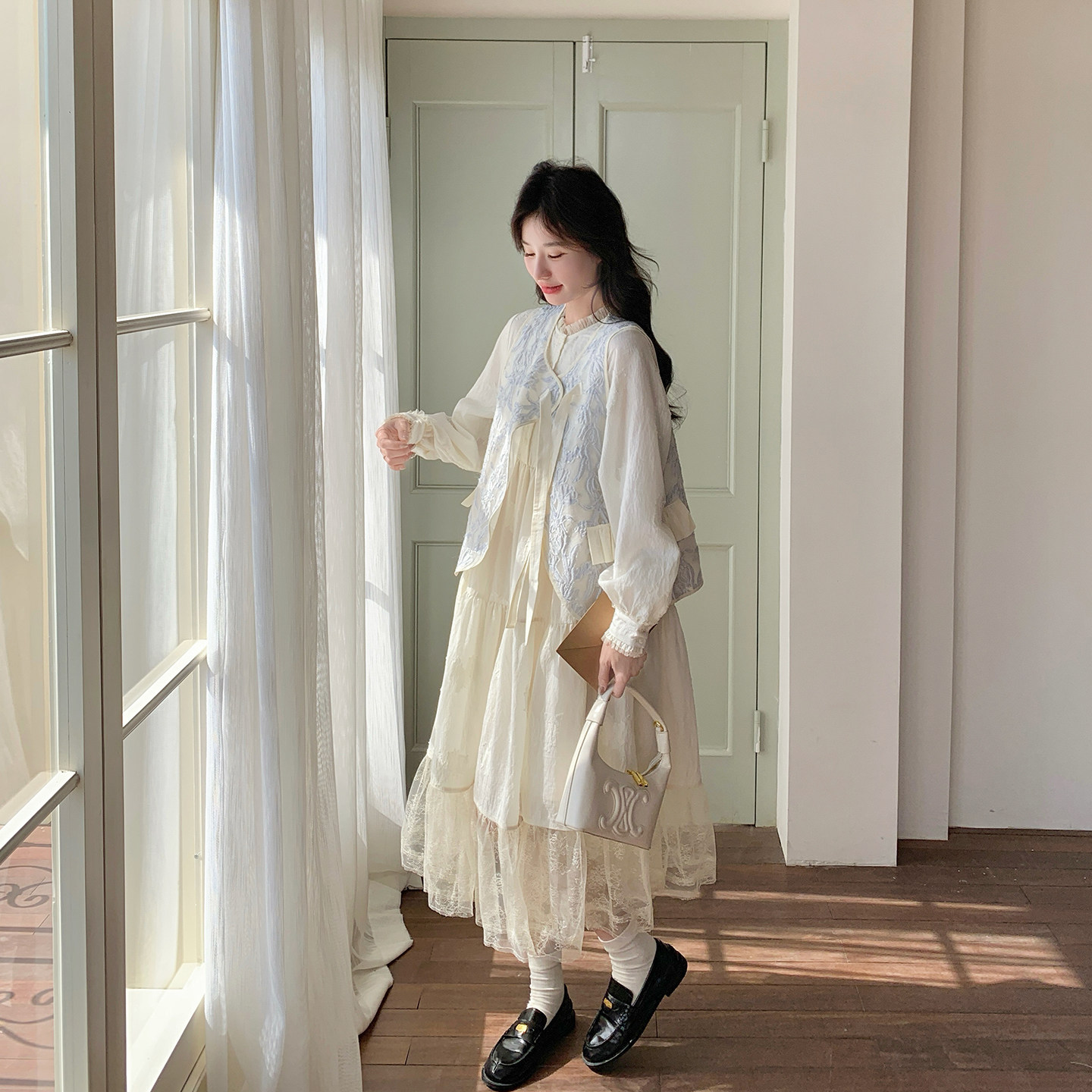 度假风法式浪漫网纱连衣裙套装女