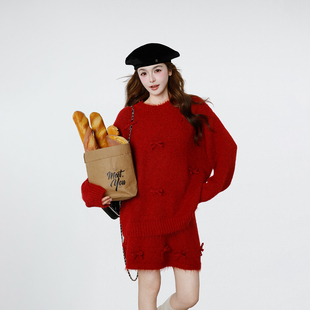 独特漂亮蝴蝶结红色套装女春季2026新款小个子针织毛衣短裙两件套