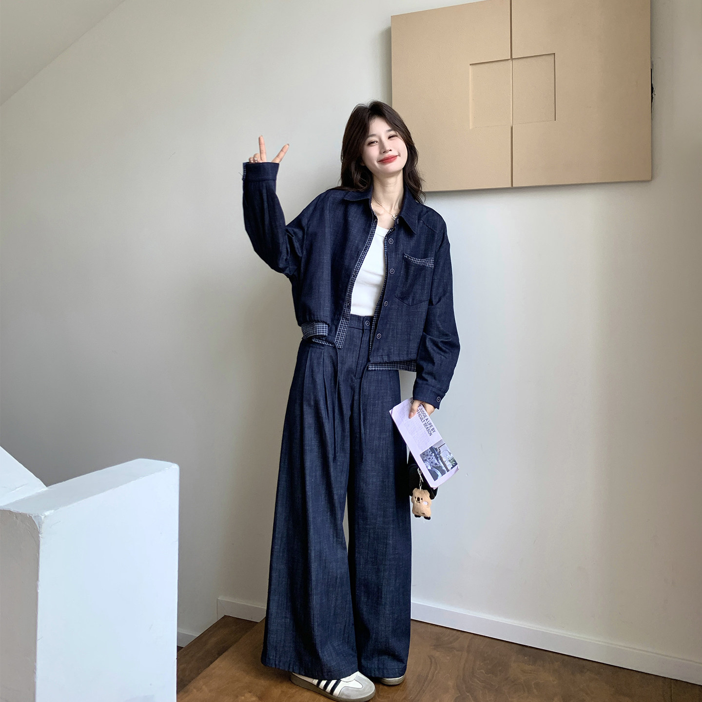 休闲气质深蓝色天丝拼接牛仔衬衫套装女春季2026新款阔腿裤两件套