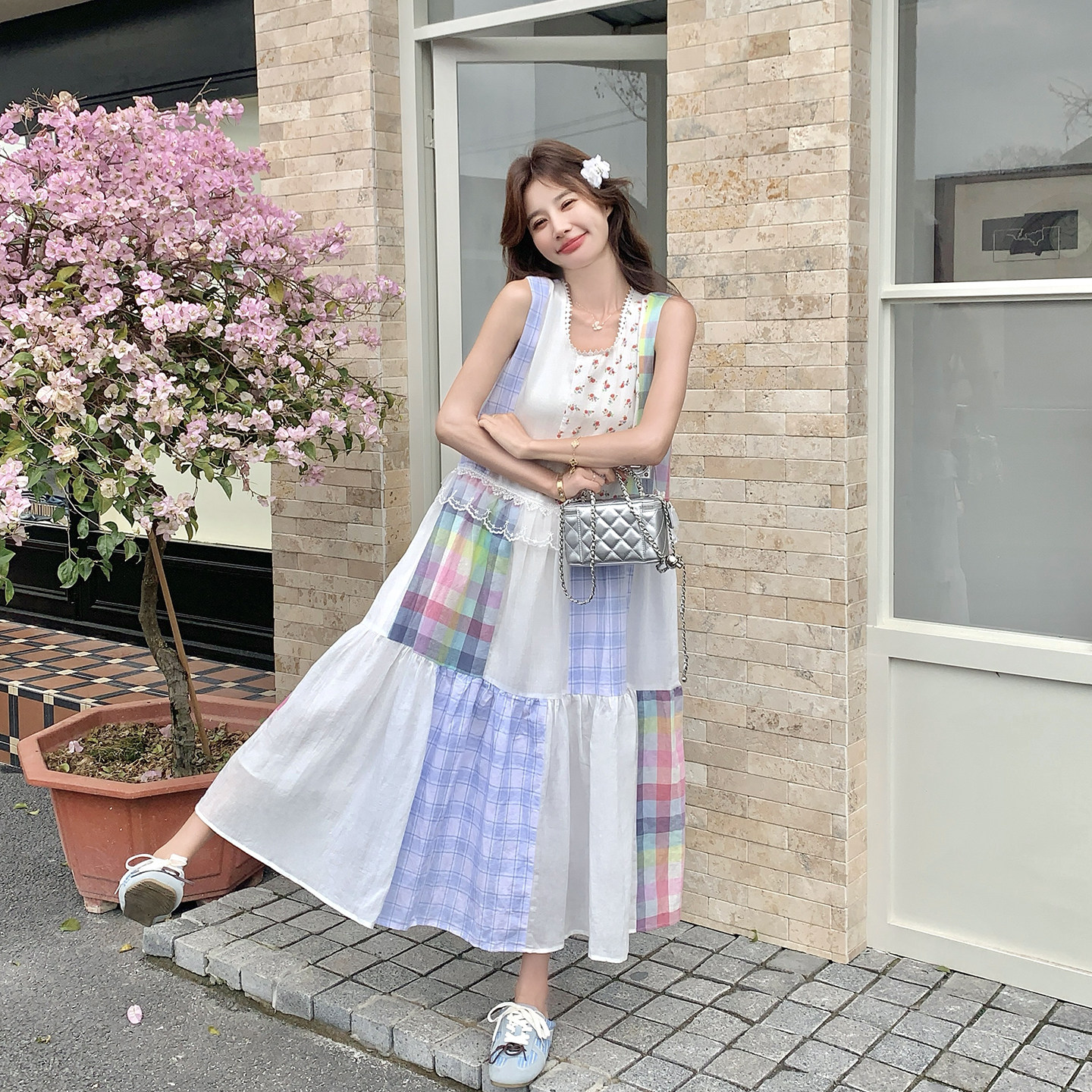 小清新格子碎花拼接无袖连衣裙女