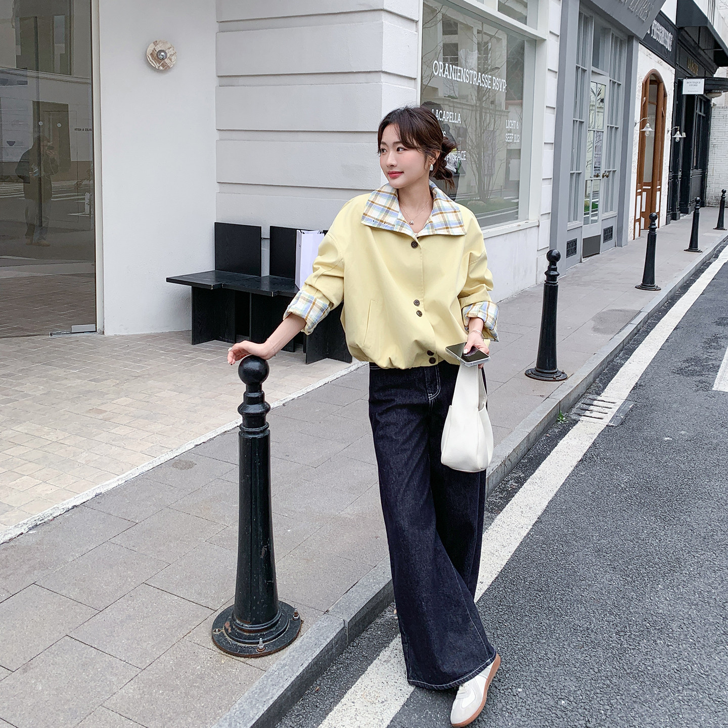 文艺范格子拼接工装黄色短外套女