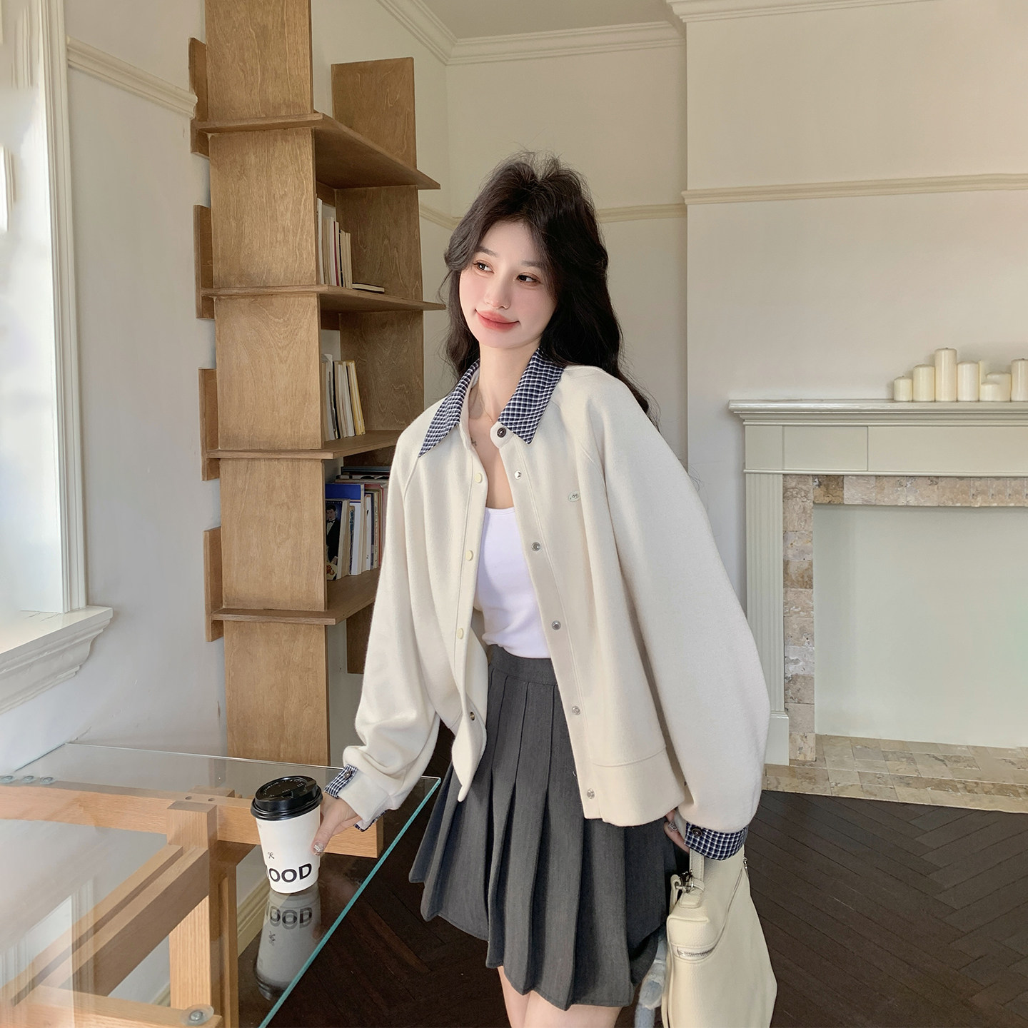 复古格子翻领米色棒球服外套女春