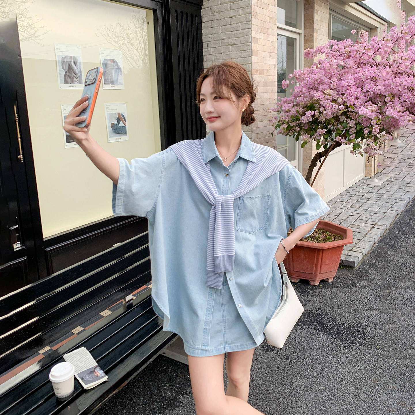 学院风蓝色牛仔衬衫短裙套装女夏