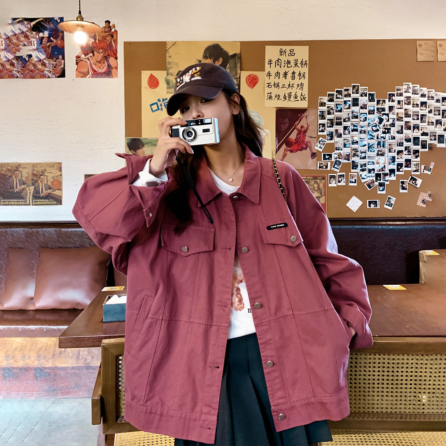 港风复古休闲粉紫色牛仔外套女春