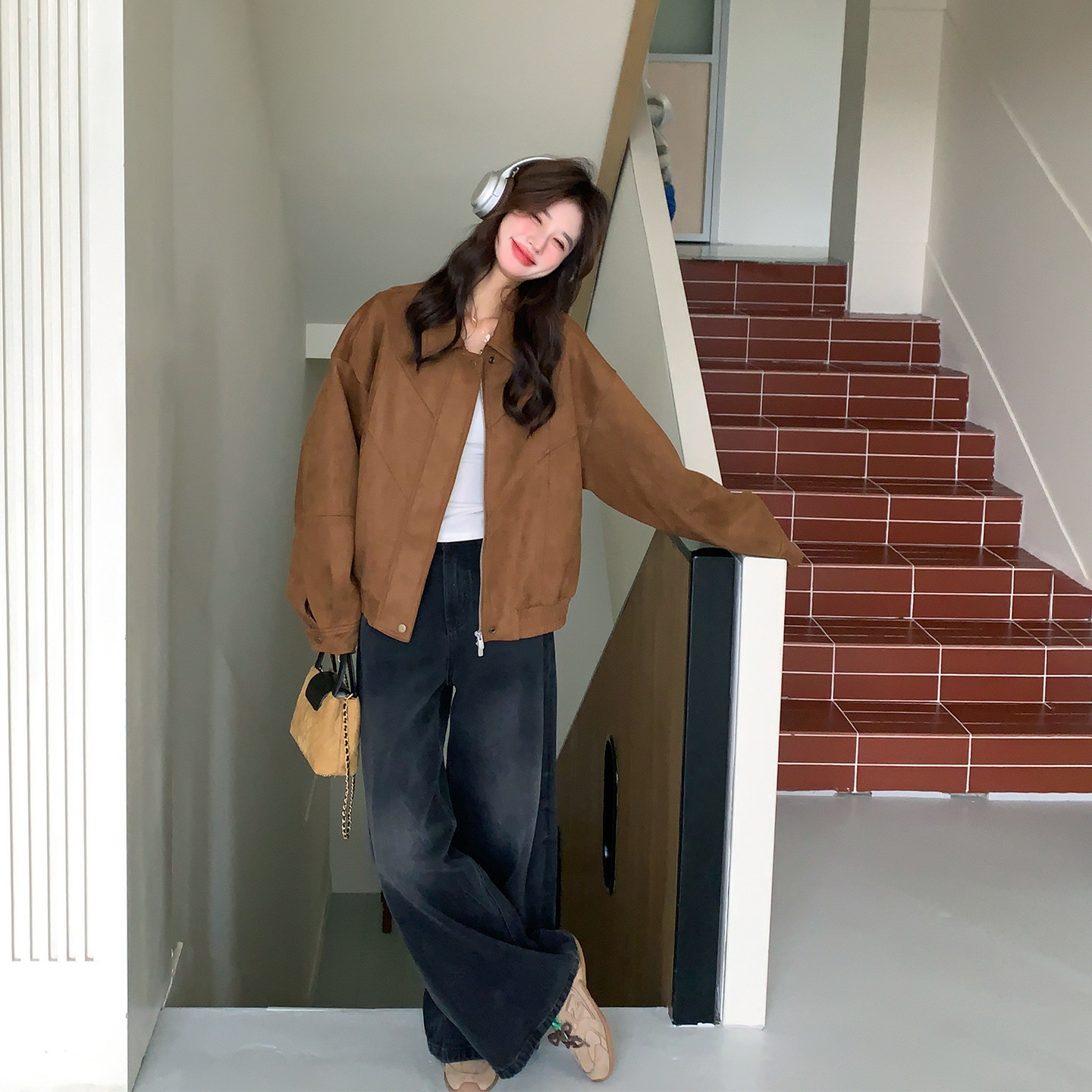 咖色复古麂皮绒翻领外套女春季2026新款今年流行爆款休闲百搭夹克