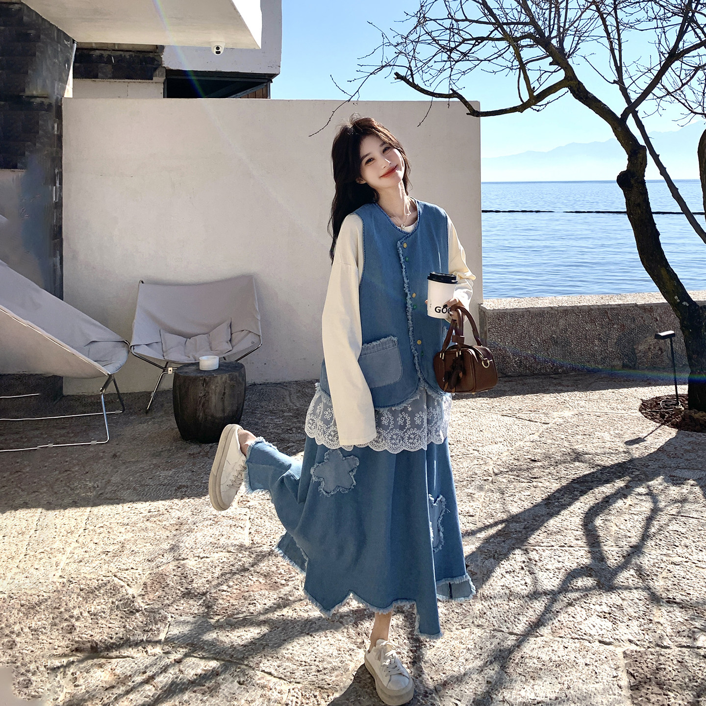 少女感牛仔马甲蕾丝针织衫套装女