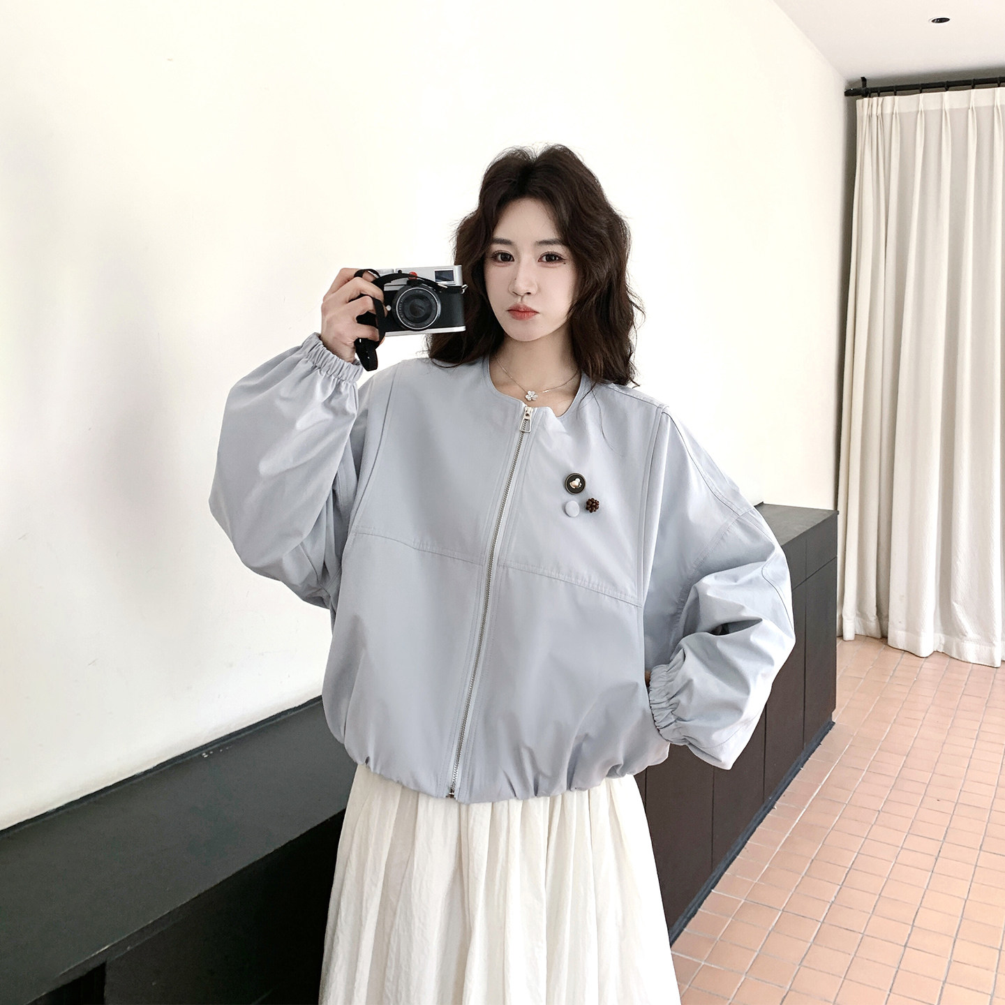 超好看蓝色圆领短款外套女春季2026新款小个子今年流行高级感夹克