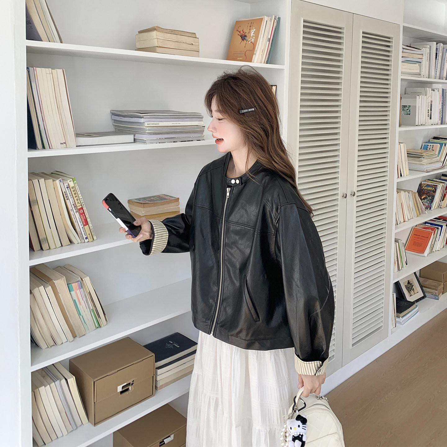 条纹拼接黑色短款小个子皮衣外套女春季2026新款又酷又飒PU皮夹克