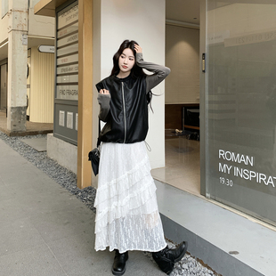 气质感洋气黑色皮衣马甲套装女春季2026新款复古减龄半身裙两件套
