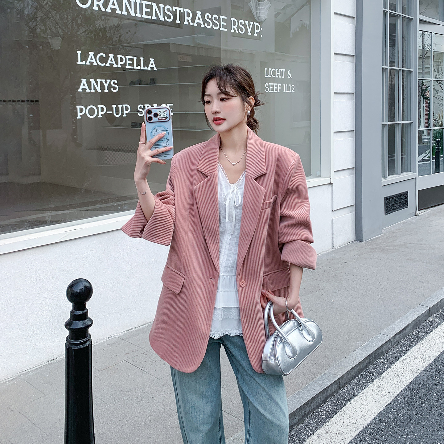 休闲粉色灯芯绒西装外套女春季2026新款中长款气质西服超好看洋气