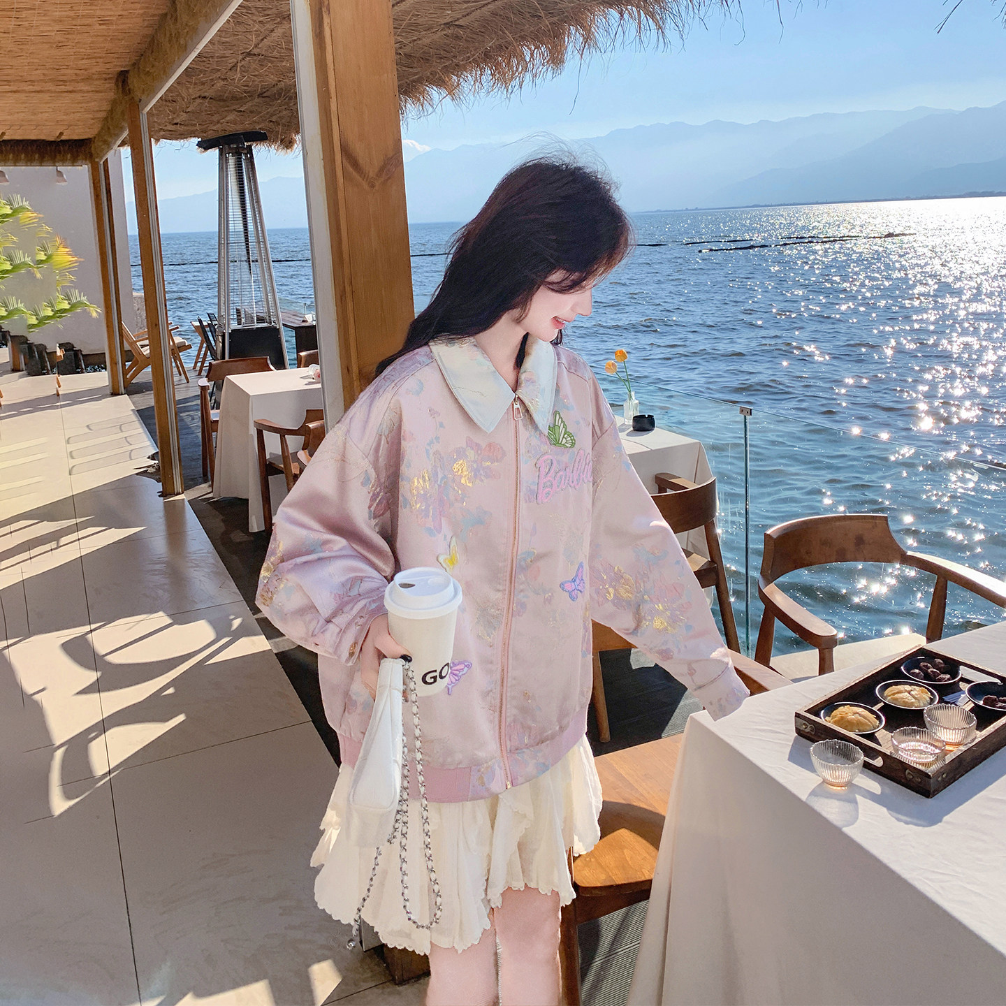 粉色提花缎面刺绣蝴蝶外套女春季
