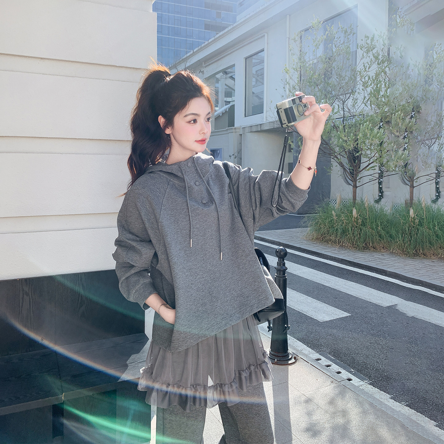 慵懒风运动灰色连帽卫衣套装女春季2026新款ootd穿搭阔腿裤两件套