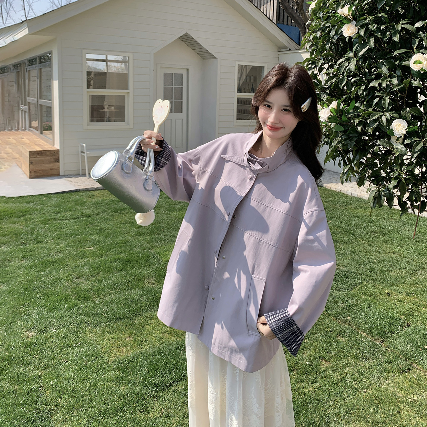 格子拼接超火紫色立领风衣外套女春季2026新款氛围感百搭大衣超火