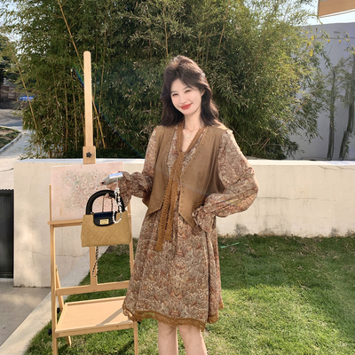 美拉德咖色马甲碎花连衣裙套装女