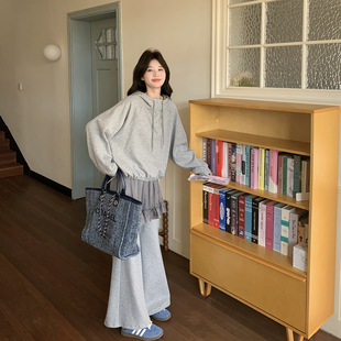 蕾丝拼接阔腿裤 2026新款 两件套 女春季 巨好看灰色休闲连帽卫衣套装