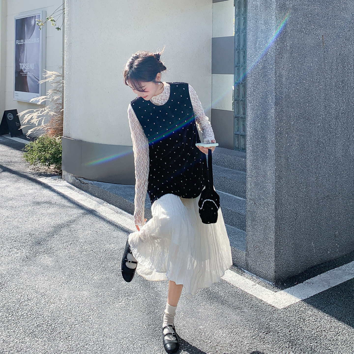 韩系复古丝绒烫钻拼接背心连衣裙套装女春季2026新款打底衫两件套