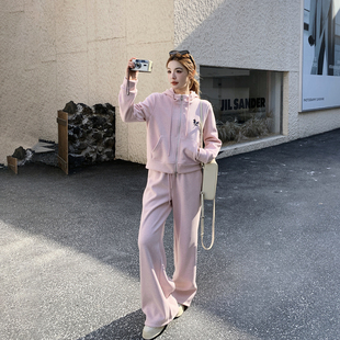 休闲运动减龄小马刺绣套装女春季2026新款粉色连帽卫衣长裤两件套