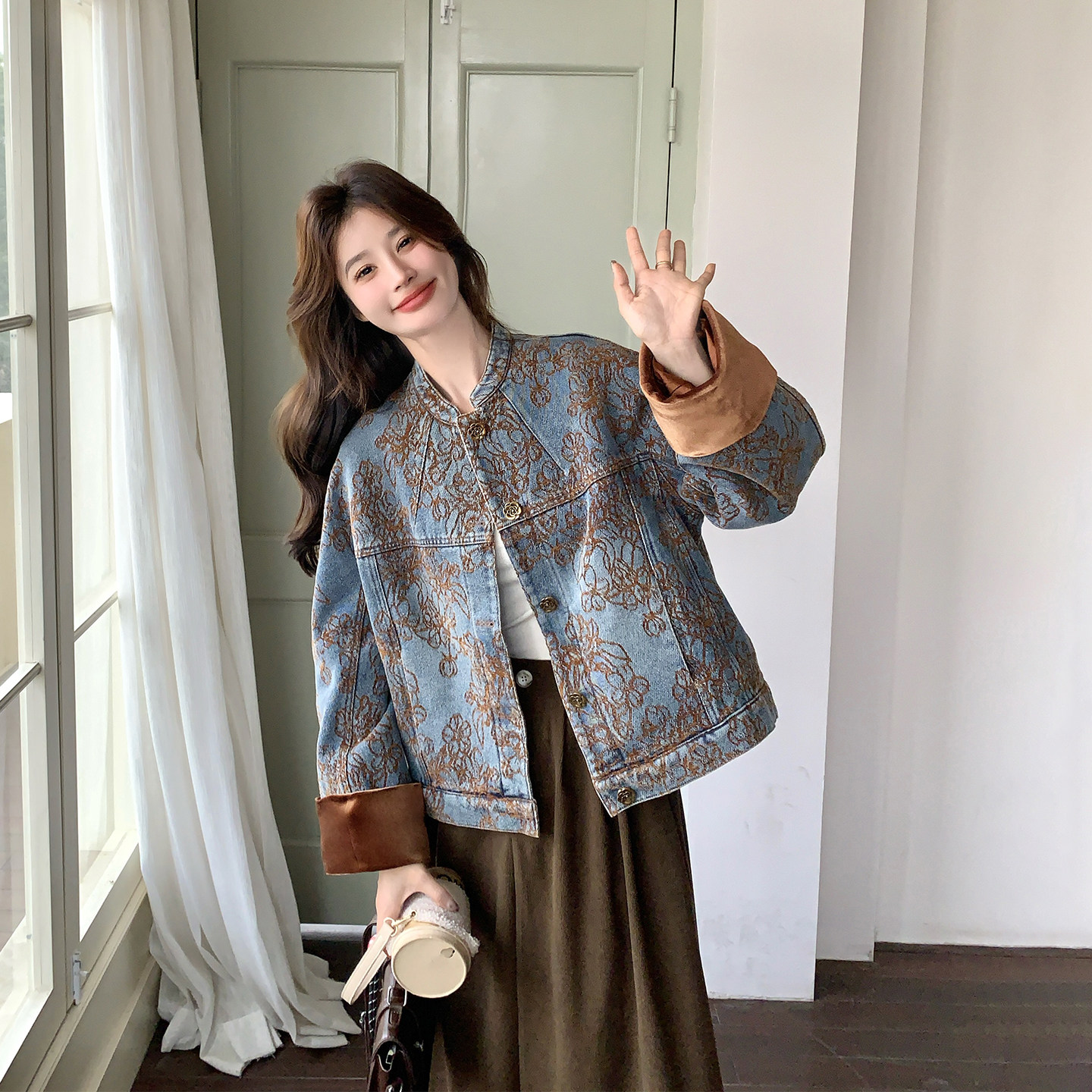 复古拼接印花蓝色立领牛仔短外套女春季2026新款小个子巨好看夹克
