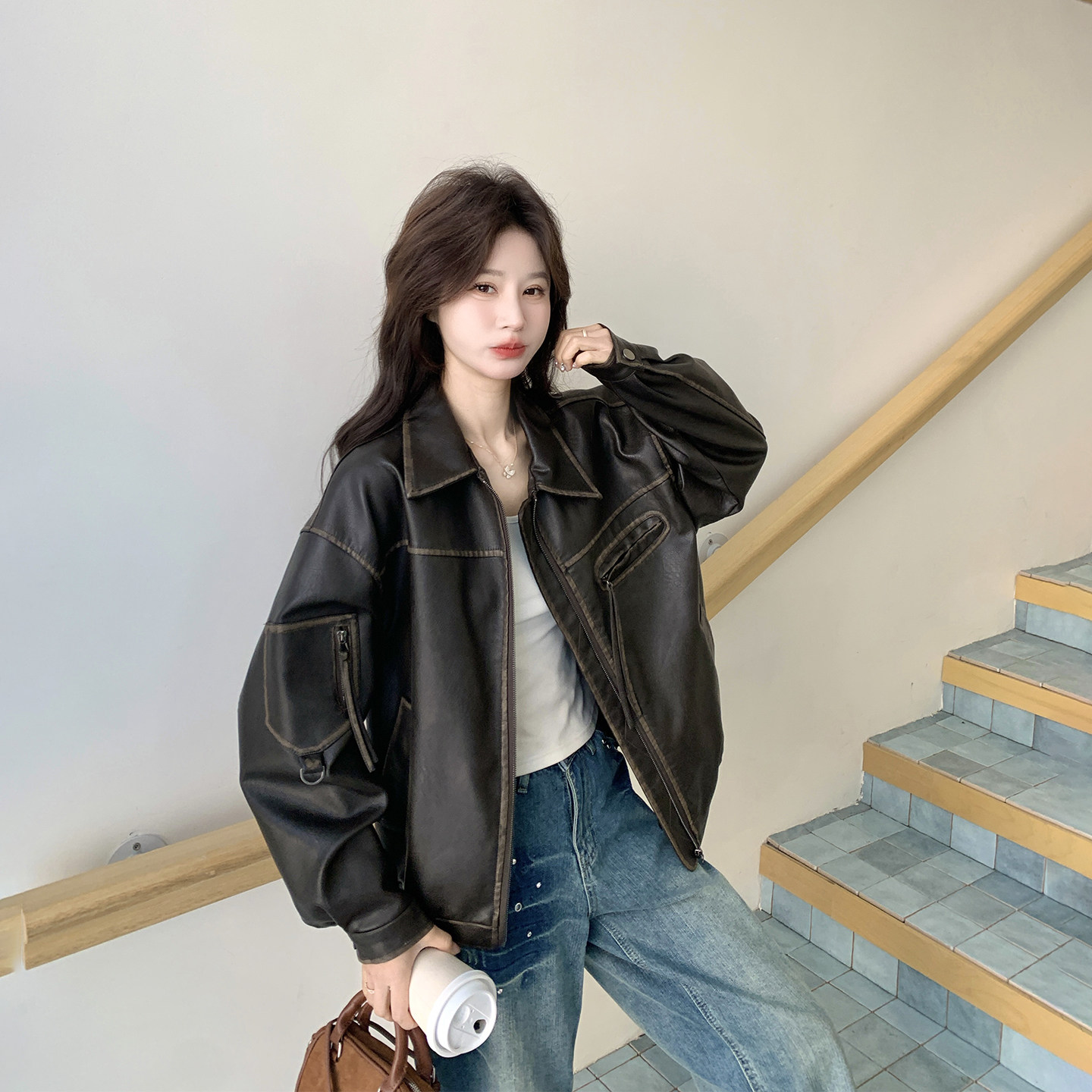 机车服个性咖色翻领皮衣外套女春