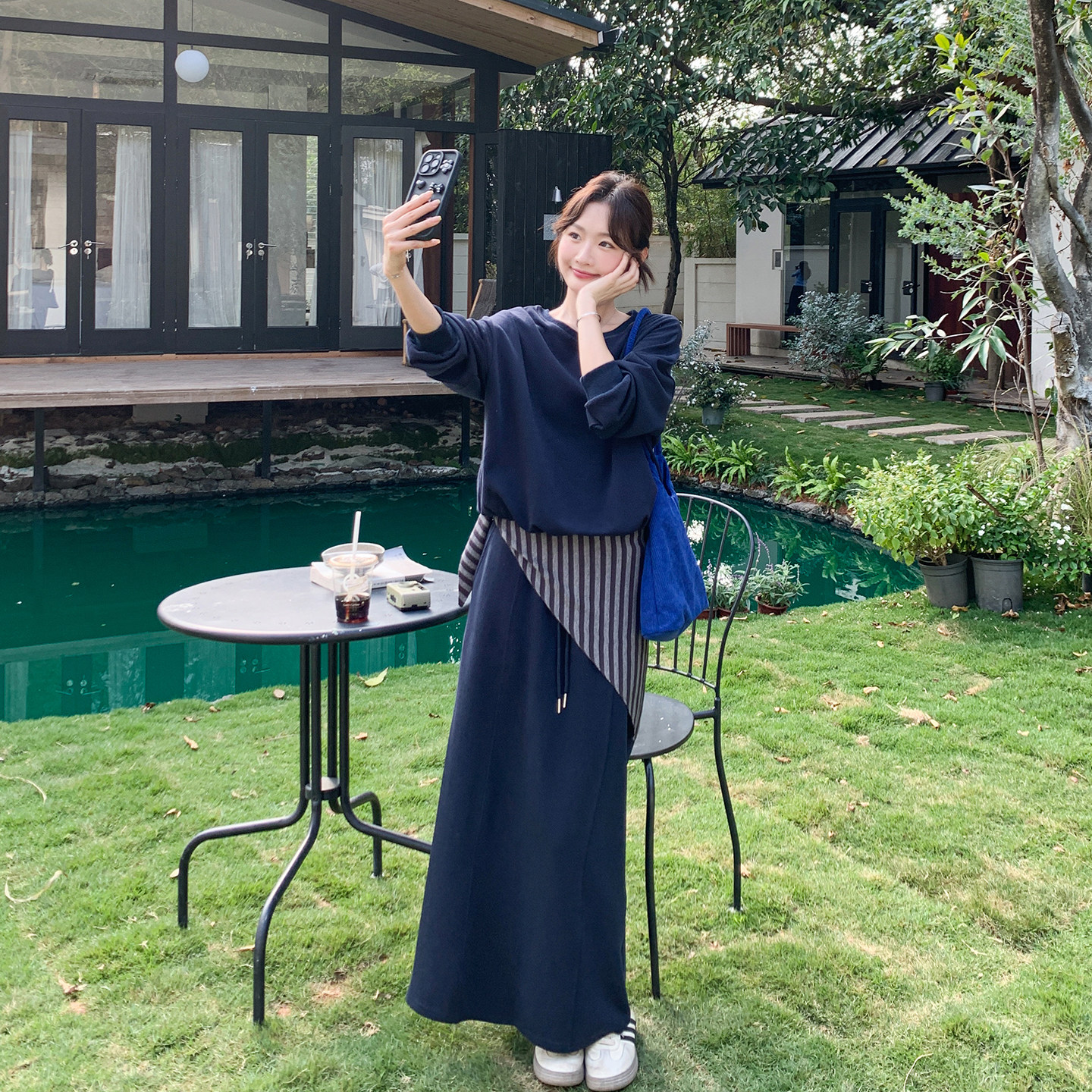 条纹披肩藏青色卫衣套装女春2026