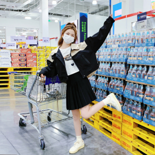 小个子短款 2026新款 夹克 减龄拼接米白色连帽冲锋衣外套女春季 工装