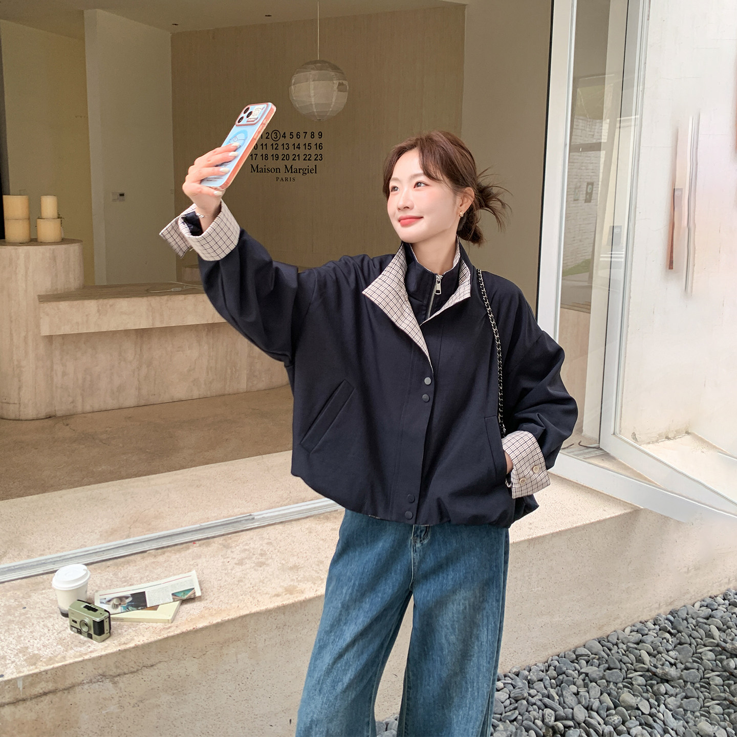 假两件格子拼接藏青色短外套女春季2026新款小个子韩系高级感夹克