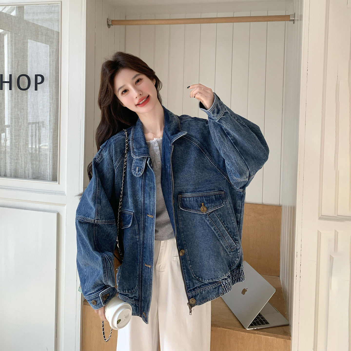 美式复古超好看立领蓝色牛仔外套女春季2026新款流行洋气夹克上衣
