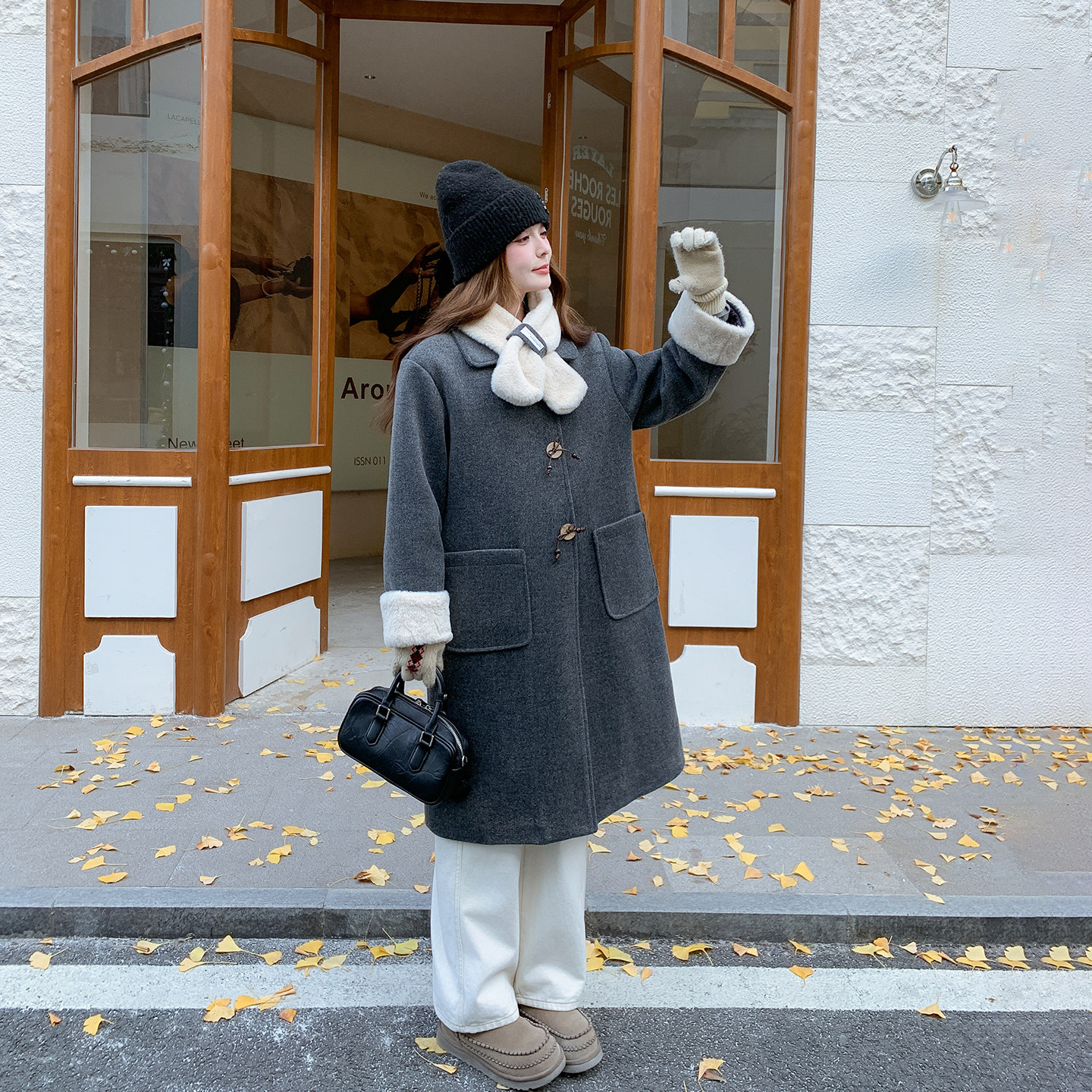 学院风灰色加绒加厚毛呢外套女冬季2025新款中长款爆款高级感大衣