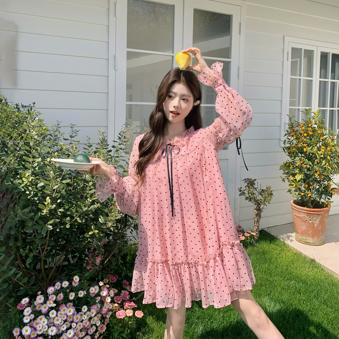 法式减龄少女风波点粉色连衣裙女