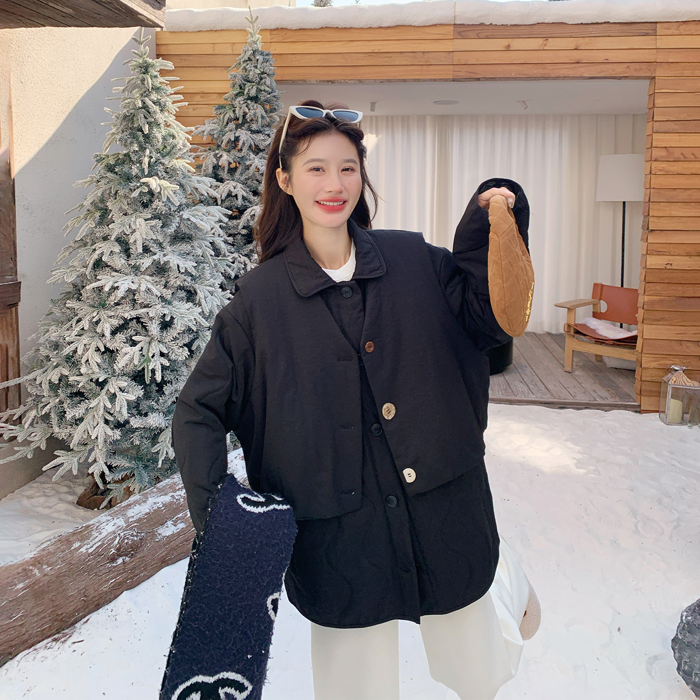 休闲黑色马甲棉服套装女冬季2025新款巨好看加厚小个子棉衣两件套