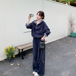 今年流行爆款格子拼接连帽套装女春季2026新款运动卫衣长裤两件套