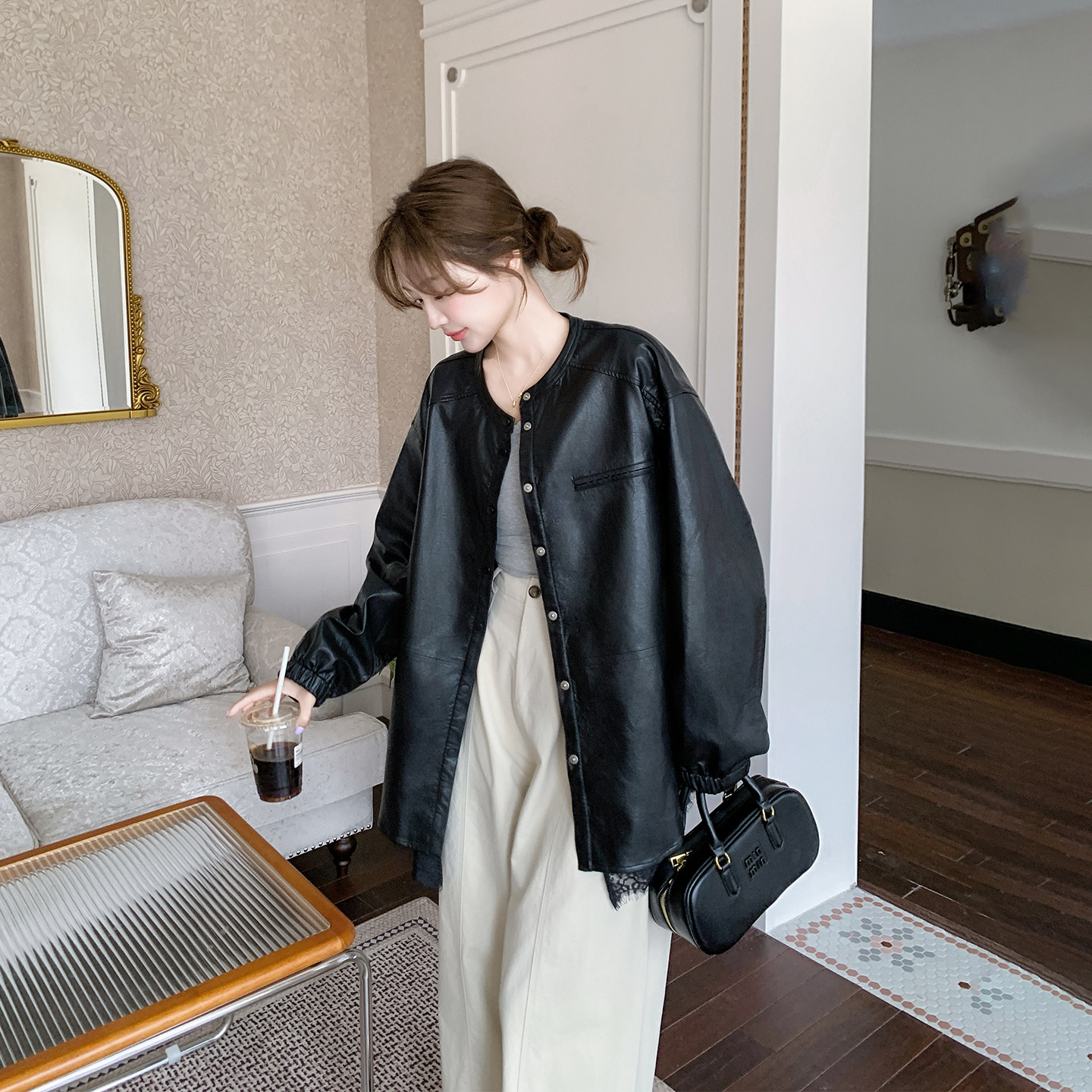 又酷又飒黑色圆领皮衣外套女春季2026新款爆款高级感中长款PU夹克