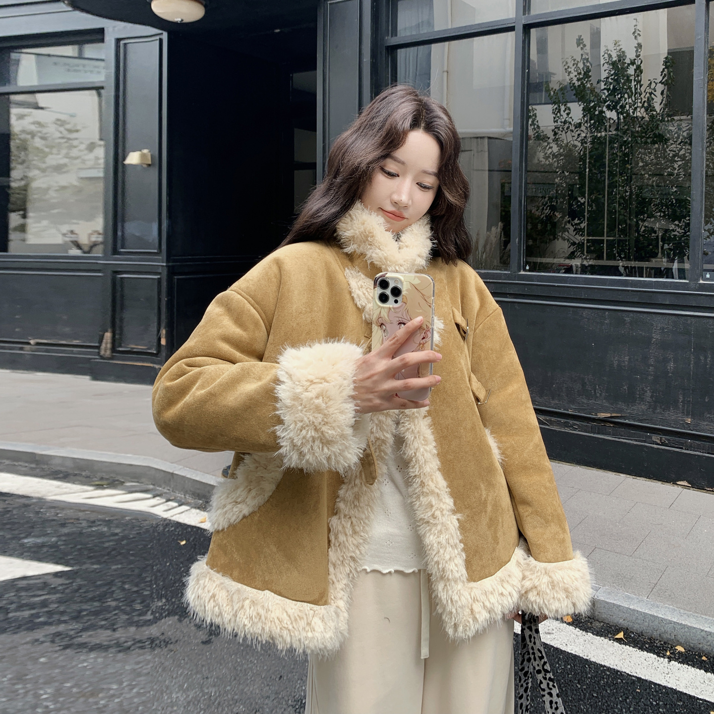 美拉德穿搭毛绒拼接麂皮绒外套女