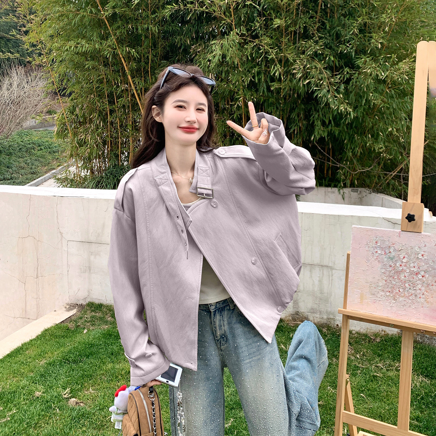 甜美独特漂亮粉紫色皮衣外套女春