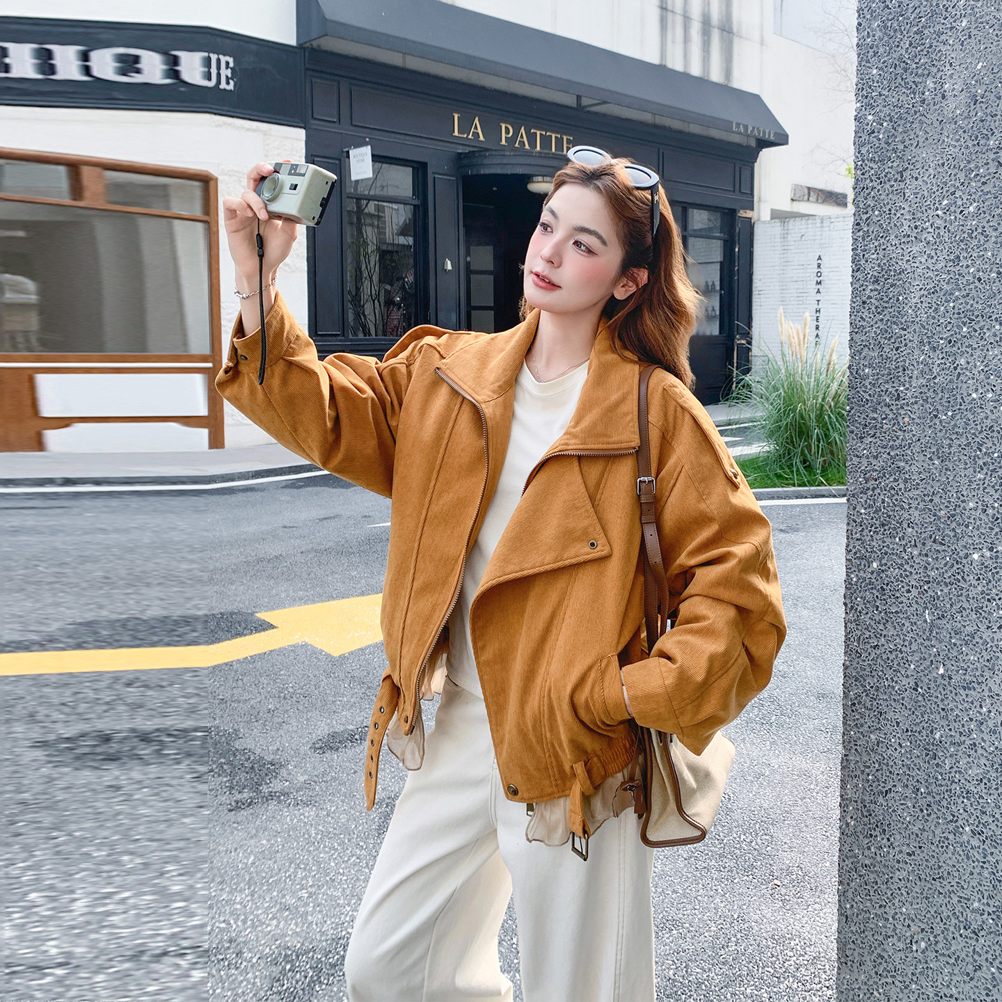 网纱拼接南瓜色翻领外套女春2026
