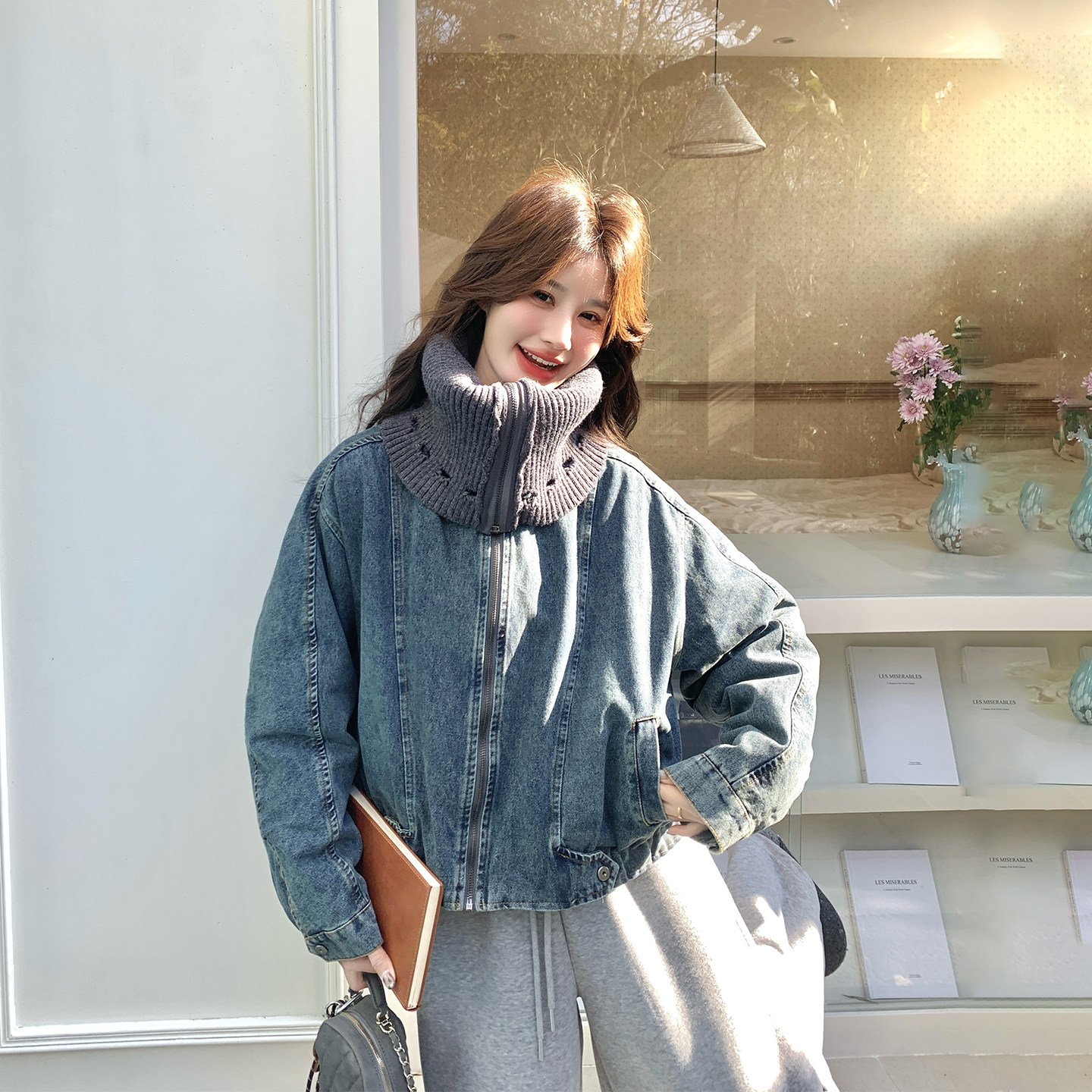 海军蓝针织拼接蓝色牛仔外套女春季2026新款小个子复古风夹克上衣