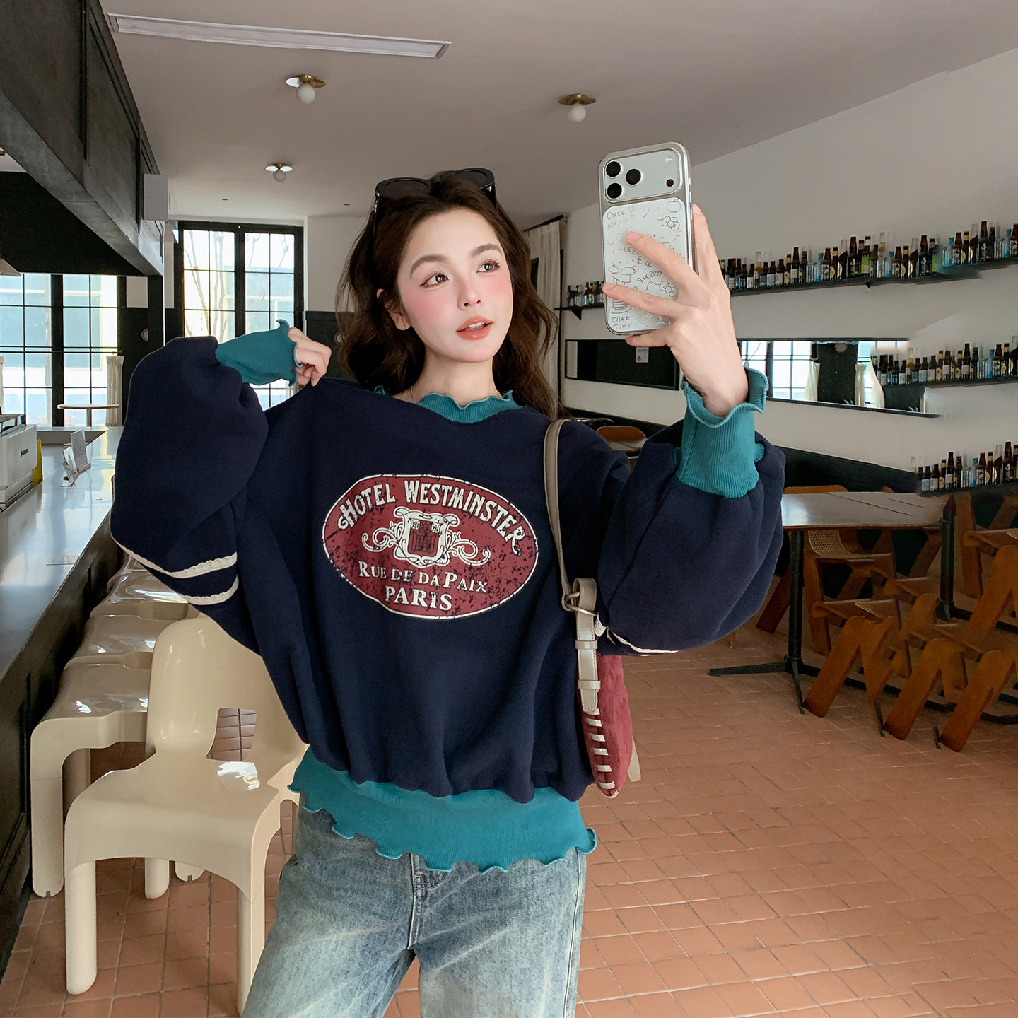 藏青色拼接字母印花卫衣外套女春季2026新款短款小个子爆款高级感